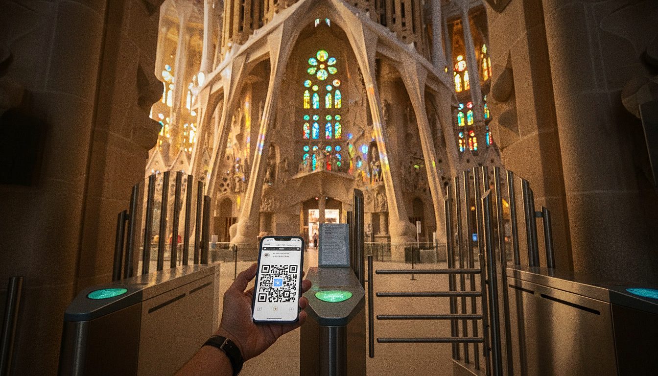 Turysta skanuje bilet z aplikacji Sagrada Familia na wejściu do bazyliki