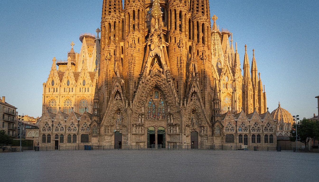 Grupa turystów słucha żywego przewodnika przed wejściem do Sagrada Familia